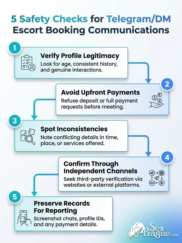 Infographic detailing 5 safety checks for Telegram/DM escort booking communications to prevent 2026 scams.